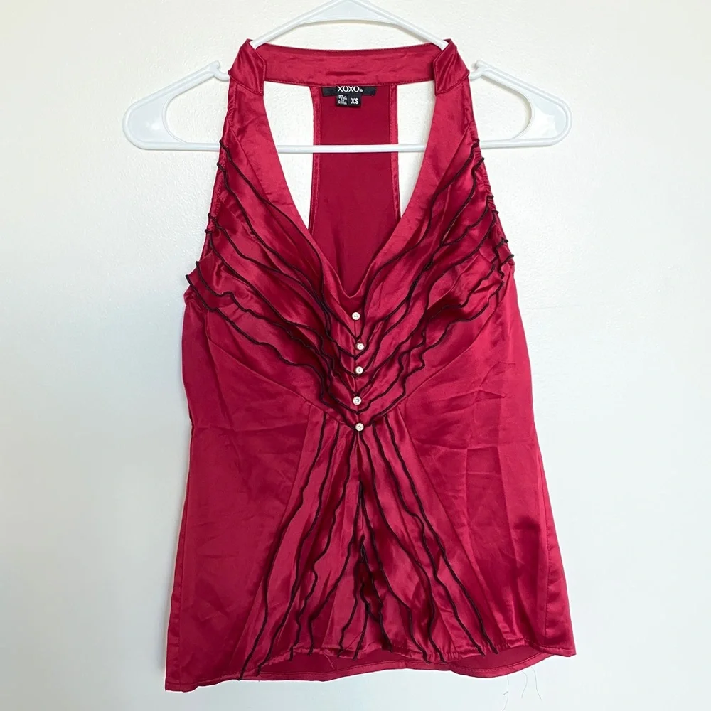 Satin Maroon Halter Ruffle Top - Picture 3 of 11